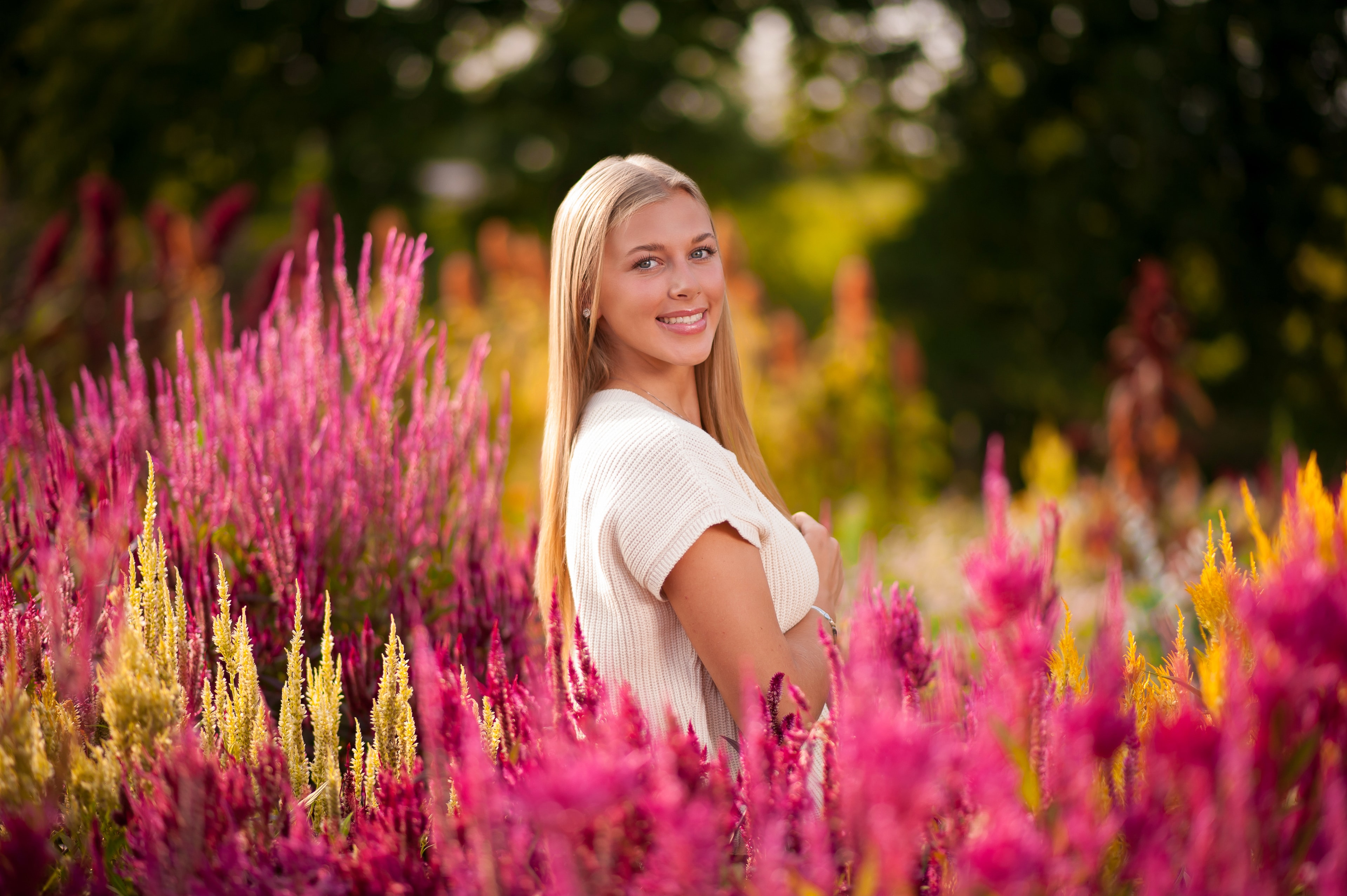 Luxury senior portrait — pink celosia flower field, Jackson Ohio photographer